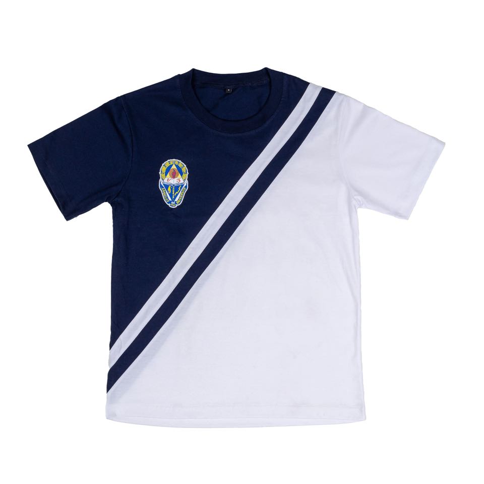 A navy and white school PE shirt with a diagonal white sash and an embroidered school crest.