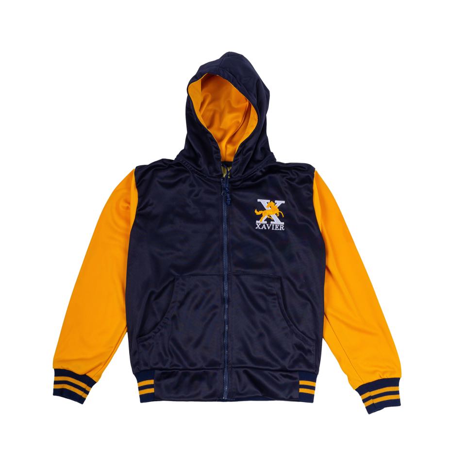 A navy hooded varsity jacket with gold sleeves, gold hood lining and striped rib trims, embroidered with a school emblem.