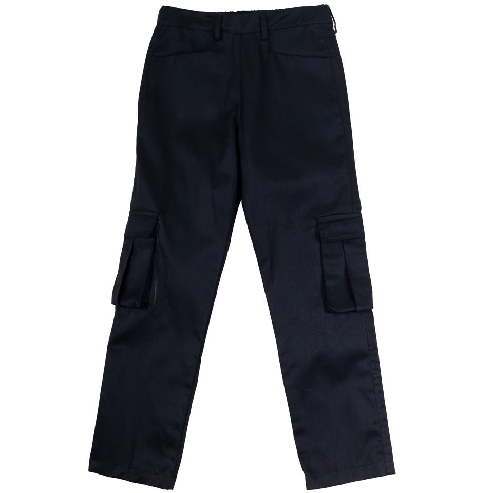Black cargo work pants with flap side pockets, laid flat.